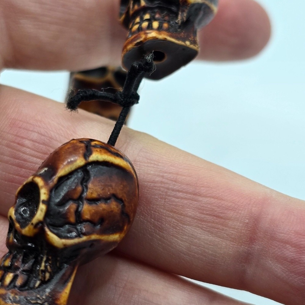 Skull Bead Bracelet Brown Resin Carved Stretch Goth Punk Biker Halloween‎ - Picture 5 of 8